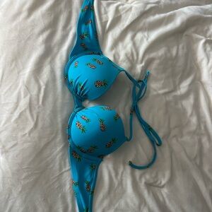 Aerie Turquoise Bikini Top with Tropical Print- 34C